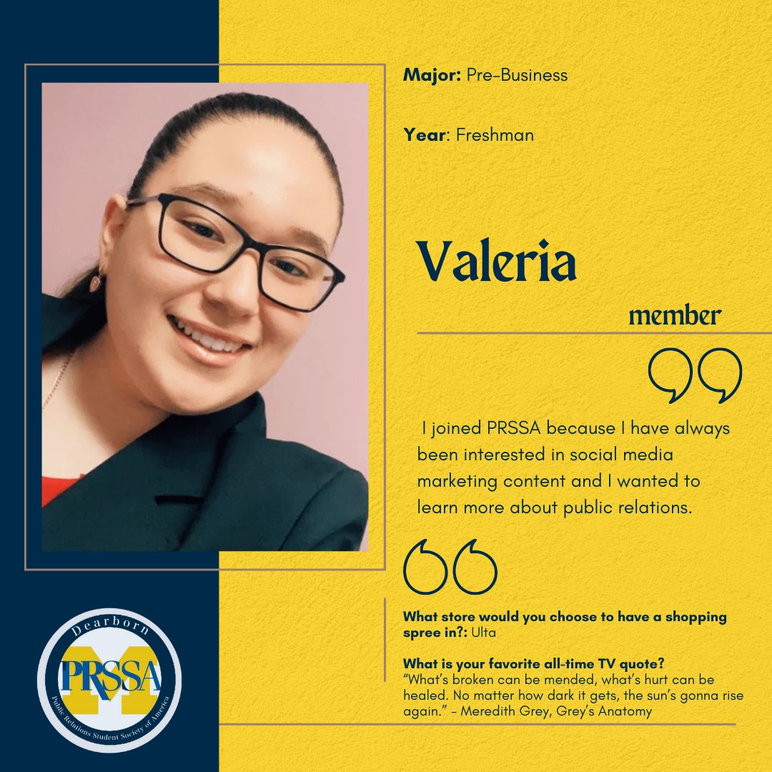 UMDearbornPRSSA's tweet photo. Up next in our member highlights is: Valeria Garcia-Lopez! 🙌

Valeria is a pre-business freshman! 

Her future goals are to graduate UM-Dearborn with her BBA in human resources, digital marketing, or small business management. 👩‍💻 https://t.co/CXY8qK8hco