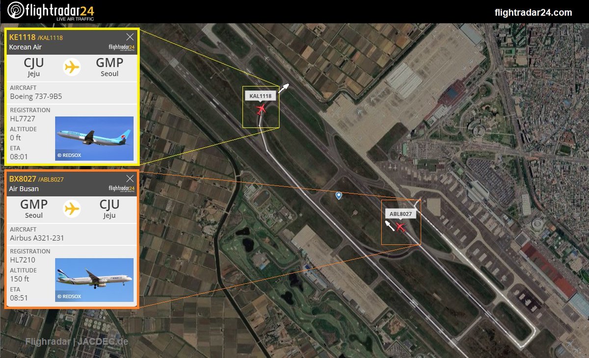 JacdecNew's tweet photo. 2023-04-19: Korean Air B737-900 (HL7727, #KE1118 from Jeju) landed on rwy 32L at Seoul-Gimpo AP (RKSS), S-Korea, but failed to hold in taxiway "E1" before rwy 32R where an Air Busan A321 (HL7210, #BX8027 to Jeju) was in its take-off run. The A321 took off ahead of "E1" intersection and a conflict was averted. The incident is under investigation.
https://t.co/nk5KU4rHZ1
