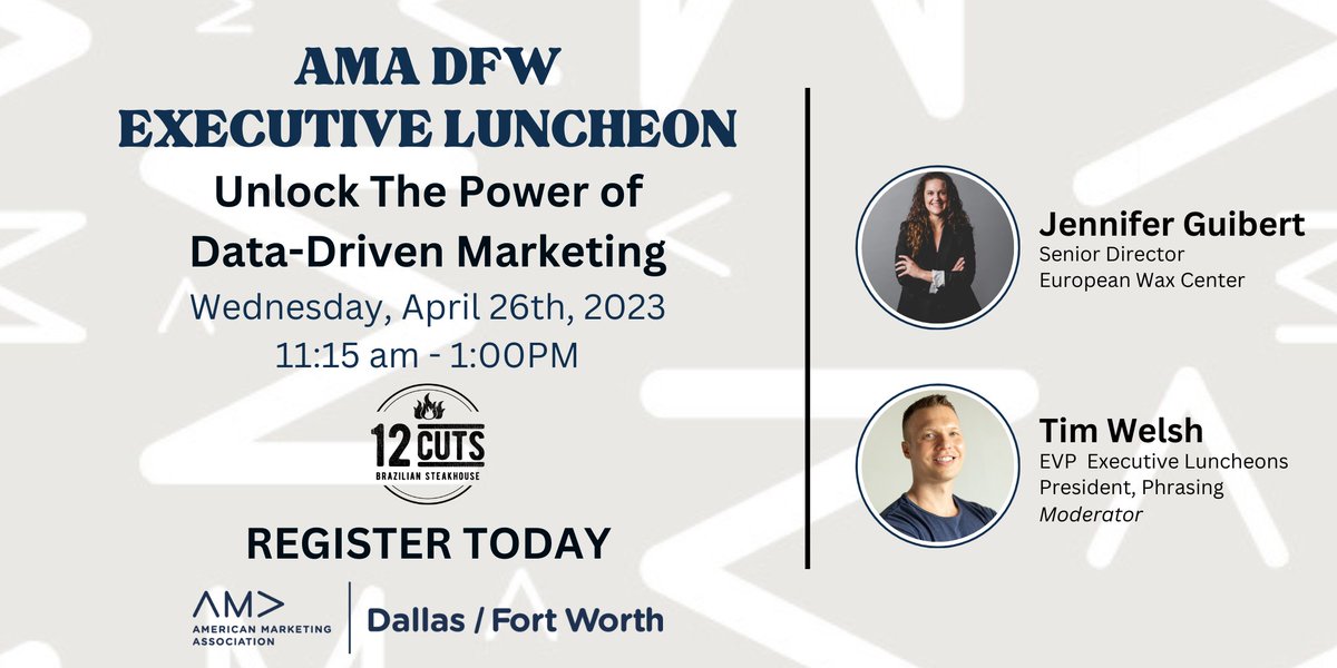 amadfw's tweet photo. It’s a data-driven world, and we’re all just living in it. Join us 426/ for our next Executive Luncheon, where Jennifer Davies Guibert and Tim Welsh will discuss the state of marketing analytics.
#marketinganalytics #marketing #networking #AMA #DFW https://t.co/VP25Xh75wp