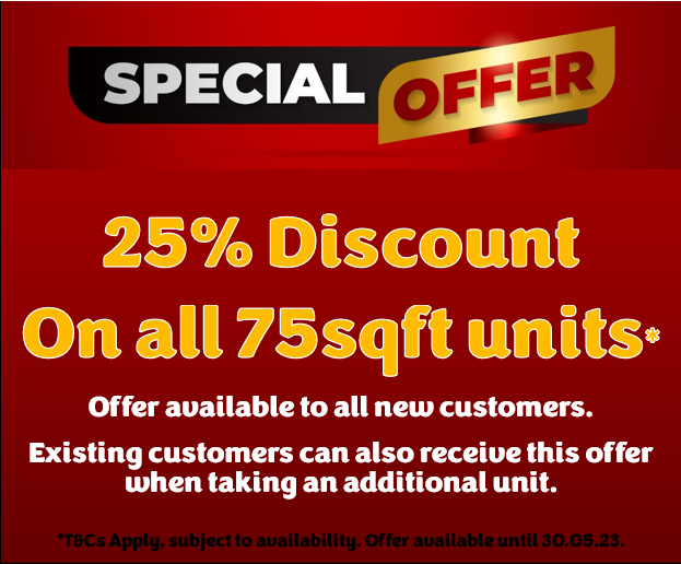 DudleyStorage's tweet photo. We are running a special offer on our 75sqft units.
Receive 25% discount when you sign up to a 75sqft unit. Plus all customers get FREE 24 hour access. Hurry while we still have availability! T&amp;Cs apply. Ask in store for further details. Offer available until 30.05.23. https://t.co/jWBT1N4nDF