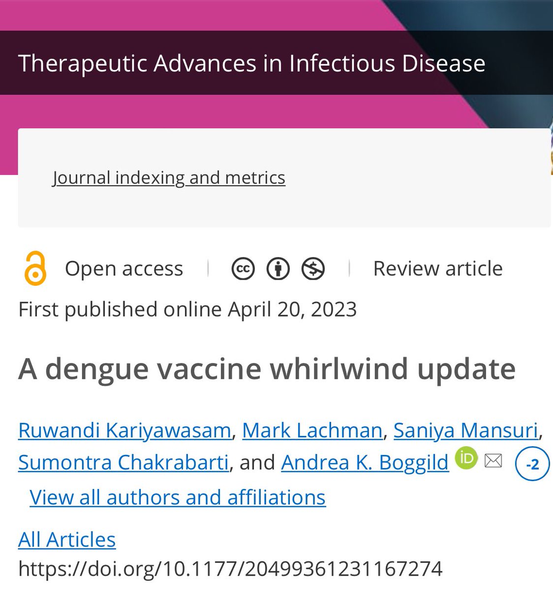 Andrea Boggild, MD (@boggildlab) on Twitter photo ❗️Dengue publication alert❗️ Out in <a href="/TAInfDis/">Therapeutic Advances in Infectious Disease</a> : a whirlwind update on #dengue vaccine👇 Congratulations to <a href="/BoggildLab/">Andrea Boggild, MD</a> super⭐️ trainees & alums <a href="/ruwandi_k91/">Ruwandi Kariyawasam, PhD, FCCM, D(ABMM)</a> <a href="/SaniyaMansuri/">Saniya</a> & <a href="/MarkLachman/">Mark Lachman</a> 🙌👏 Excellent work!🙏💯
journals.sagepub.com/doi/10.1177/20… ❗️Dengue publication alert❗️ Out in <a href="/TAInfDis/">Therapeutic Advances in Infectious Disease</a> : a whirlwind update on #dengue vaccine👇 Congratulations to <a href="/BoggildLab/">Andrea Boggild, MD</a> super⭐️ trainees & alums <a href="/ruwandi_k91/">Ruwandi Kariyawasam, PhD, FCCM, D(ABMM)</a> <a href="/SaniyaMansuri/">Saniya</a> & <a href="/MarkLachman/">Mark Lachman</a> 🙌👏 Excellent work!🙏💯
journals.sagepub.com/doi/10.1177/20…