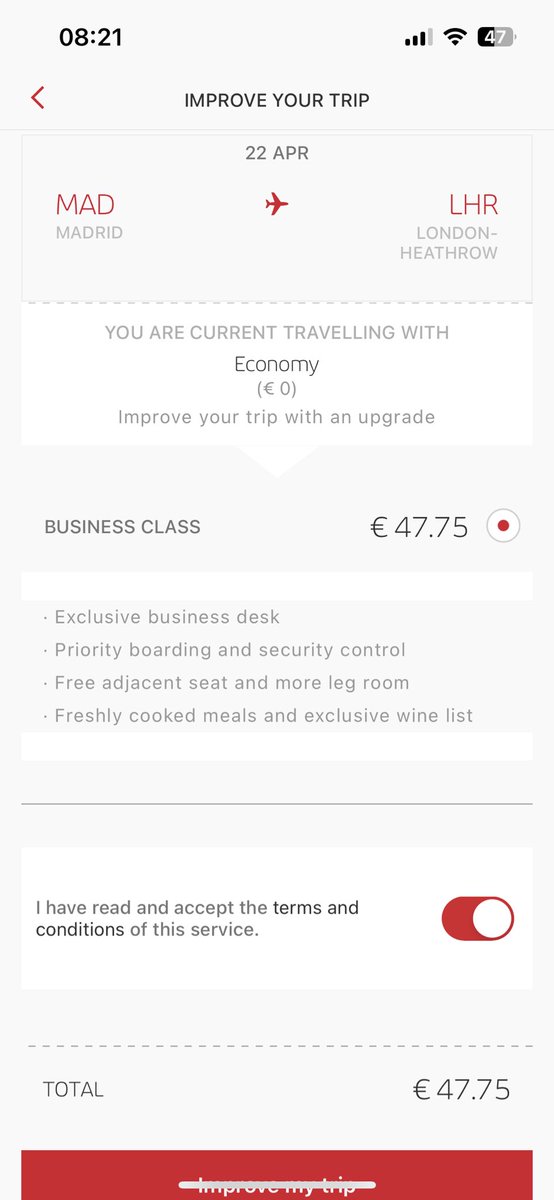 I’m trying to improve my trip but the Iberia App is not allowing me to. <a href="/Iberia/">Iberia</a> 

What can I do?