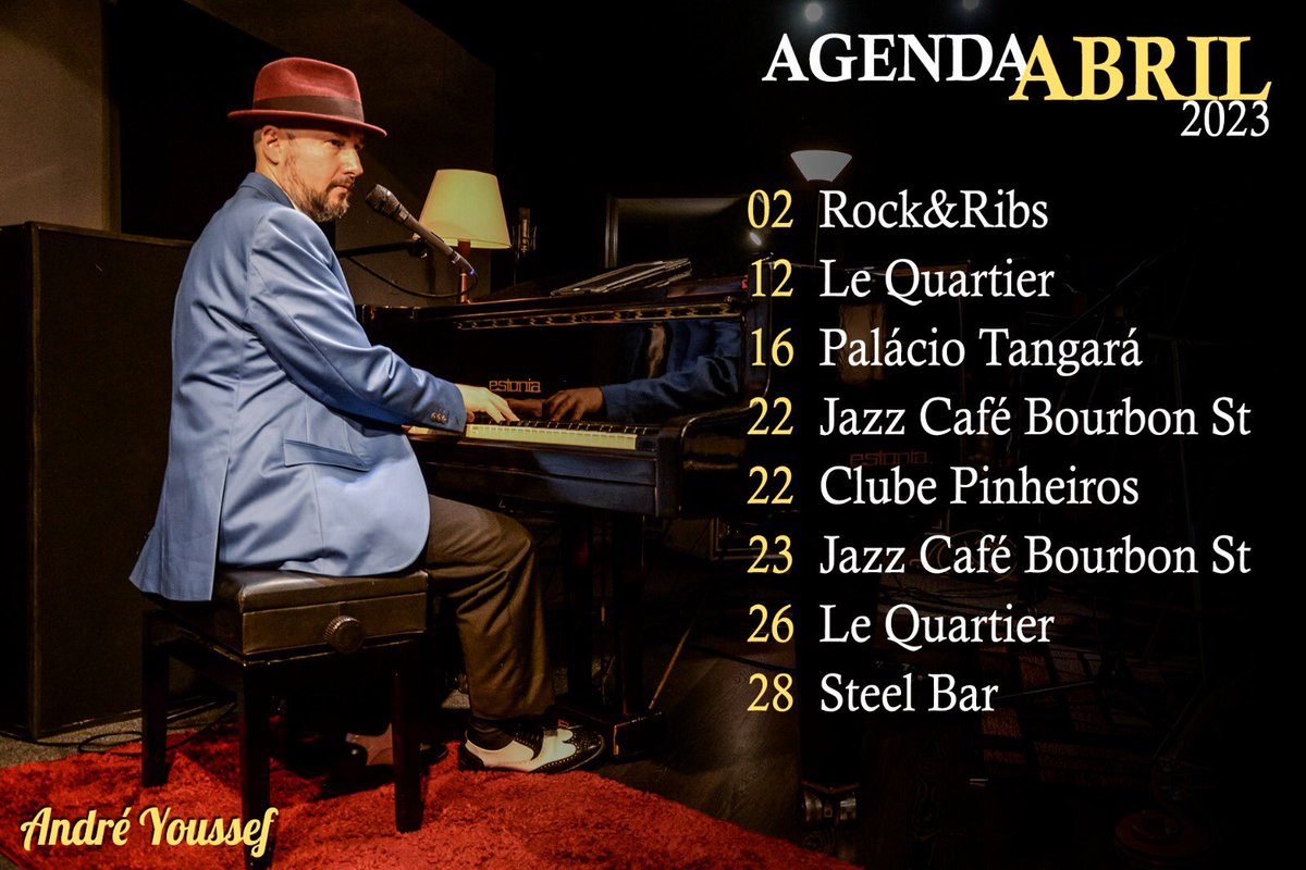 andreyoussef's tweet photo. *** Agenda de Shows | Abril 2023 ***

22 (sab)  Jazz Café Bourbon Street R dos Chanés 127 13h30

22 (sab)  Esporte Clube Pinheiros 22h

23 (dom)  Jazz Café. Bourbon. 13h30

26 (qua) Le Quartier. R. Prof. Tamandaré Toledo, 25 20h

28 (sex)  Steel Bar. Al. dos Jurupis, 1796 19h30 https://t.co/Poou7dr8JW