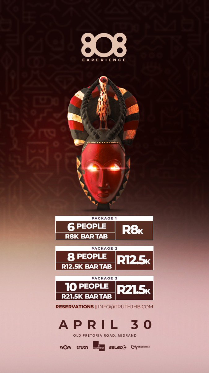 Don’t forget to make your reservations for you and your friends for the <a href="/808Experience/">808 EXPERIENCE</a> at <a href="/TRUTHjhb/">TRUTH</a> 🤭❤️ #808atTruthJHB 

🎟️: howler.co.za/808V3?rep=phok…