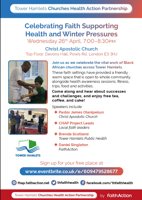 Join @thfaithhealth to celebrate the work of Black African churches in supporting residents with Cost of Living and providing activities to tackle loneliness and raise health awareness in #TowerHamlets Weds 26 April #faithinpartnership eventbrite.co.uk/e/609479528677