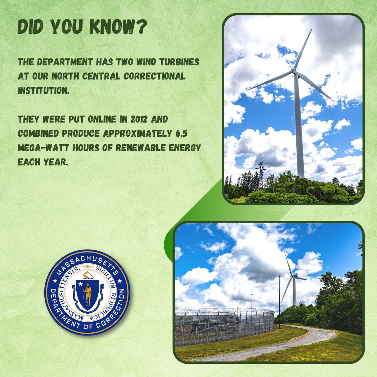 MACorrections's tweet photo. Did you know?
The Department has two wind turbines at our North Central Correctional Institution.
They were put online in 2012 and combined produce approximately 6.5 mega-watt hours of renewable energy each year.
#maearthweek
@EOPSS https://t.co/TZzxKK2RaE