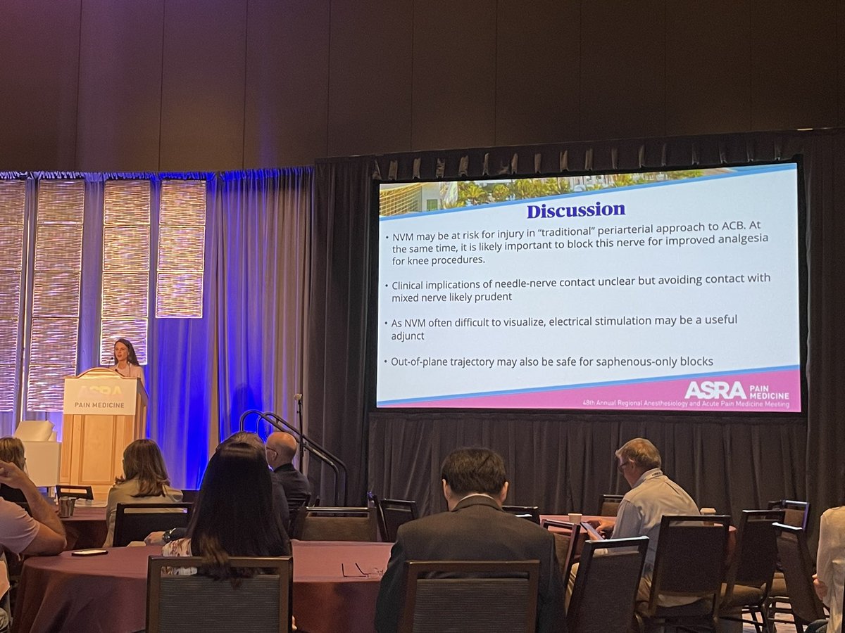 Brilliant <a href="/Duke_Anesthesia/">Duke Anesthesiology</a> CA-2 (and future #DukeRAP fellow) presenting her Best of Meeting work on how important it is to identify NVM to avoid inadvertent injury during ACB. Tl;dr: Nerve shishkabob is bad. Use nerve stim or OOP technique #ASRASPRING23