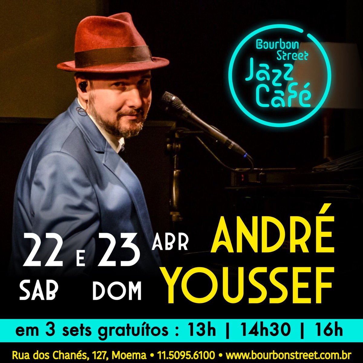 andreyoussef's tweet photo. Amigos e amigas, neste final de semana estaremos no Jazz Café do Bourbon Street Music Club com muito blues e jazz! 

Eu André Youssef no piano e voz e o meu amigo Marcos Klis no contrabaixo acústico! 

22/04 (sábado) e 24/04 (domingo)
3 sets! 13h | 14h30 | 16h

@Bourbon_St https://t.co/QOYxHpMSv7
