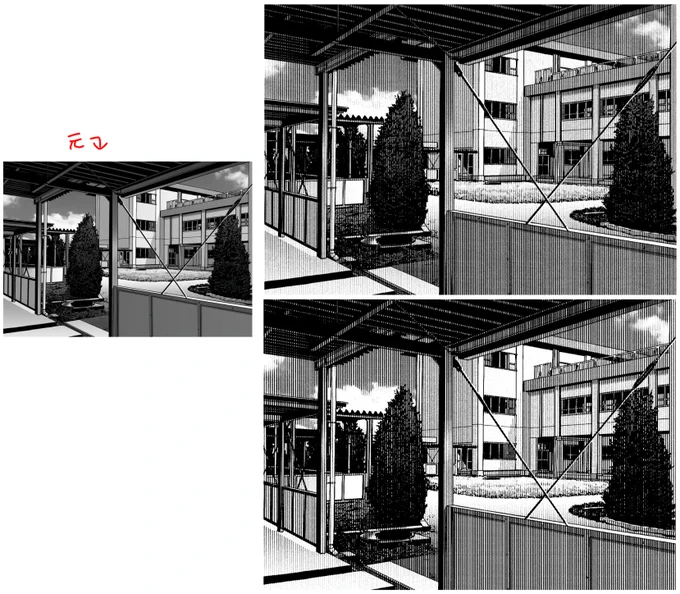 グレー直線化素材、現状こんな感じです。 2種類、線の密度がちょっと違うのですが、素材の拡大縮小では同じようにならず… パースに合わせて変形してどこまで耐えられるのかはこれからです(;・∀・)