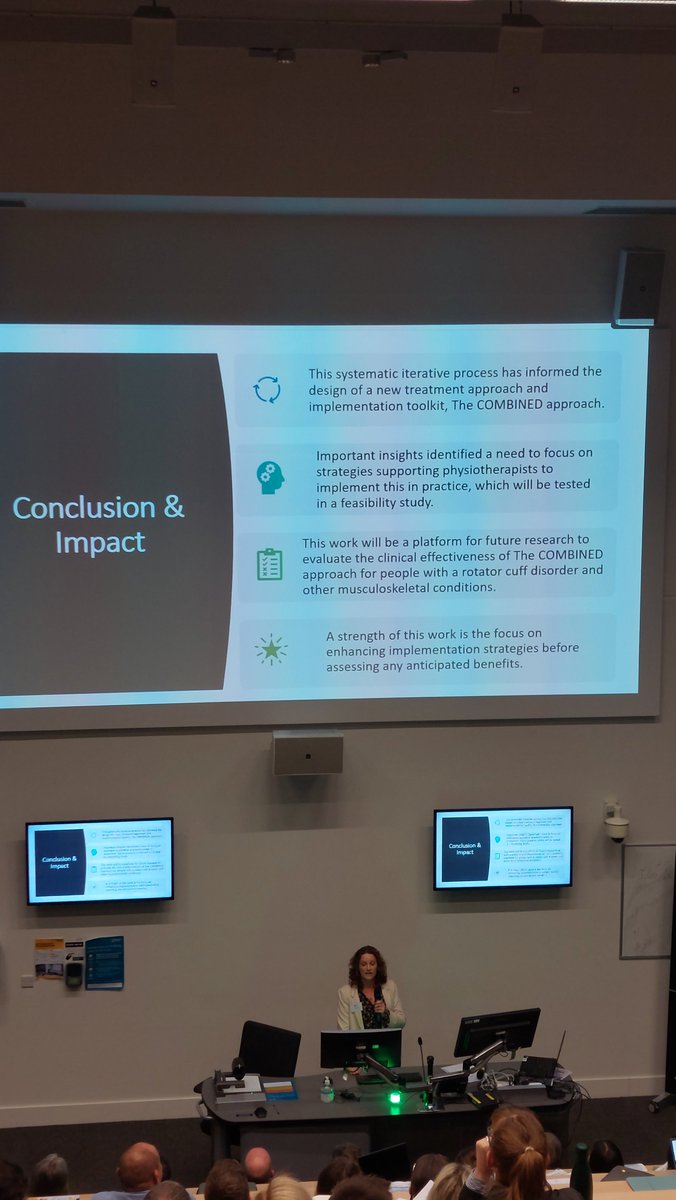 Great presentation from our PhD student <a href="/julie_bury/">Julie Bury</a> <a href="/PhysioResSoc/">Physiotherapy Research Society (PRS)</a> #PRS2023, giving us a snap of The Combined approach, a multilevel intervention designed to target patient- and clinician-level behaviour change.