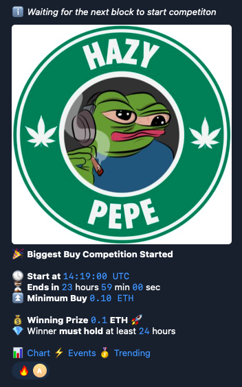 HazyPepe's tweet photo. 📢 Hazy Frogs 🐸  

💰 Biggest buy competition started 

✅ Minimum buy 0.1 Eth
💵 Prize 0.1 Eth 
⏳24h 

Must hold 24h $hzPEPE https://t.co/4uFdBVRIdB