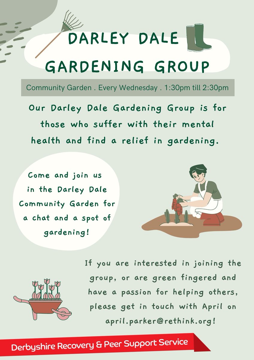 DRPSService's tweet photo. Are you looking to join a welcoming group of green fingered people to support your mental health? . For more information, contact Derbyshire Recovery &amp; Peer Support Service on 01773 734 989 (Mon-Fri 9am-5pm) 😃👨‍🌾 #MentalHealth #Derbyshire #DerbyshireMentalHealthSupport #MHsupport https://t.co/durZF4rYAk