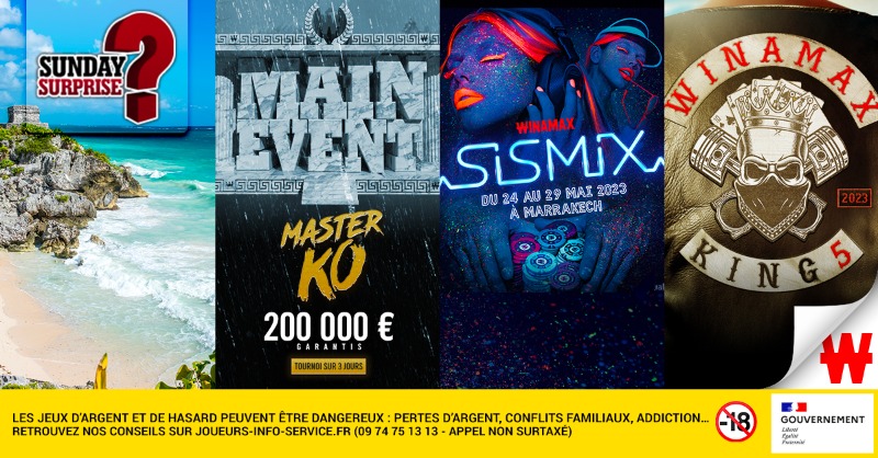 Winamax's tweet photo. Ce week-end sur Winamax :
🇲🇽 Le #SundaySurprise en sombrero.
⚔️ Le #MainEventMasterKO.
🇲🇦 Les qualifs pour le #SISMIX.
🏍️ La finale de #KING5.