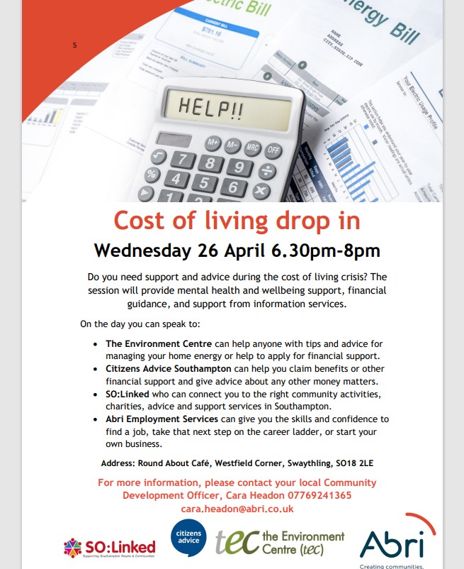 Come and speak to us for information and support on the #costofliving at the @RoundAboutSoton next Wednesday 26th April between 6.30 and 8. We will be there with @abrigroup @tECSouthampton and @SotonCAB.