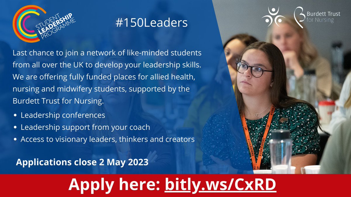 Hey, all you AHP, Nursing and Midwifery students! This weekend take some time to apply for #150Leaders Student Leadership Programme 2023/24! The closing date is just around the corner! bitly.ws/CxRD