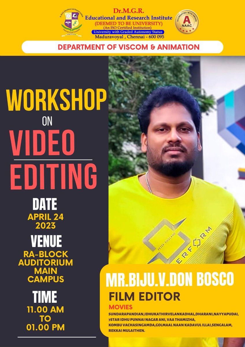 biju_v_donbosco's tweet photo. Workshop on Video Editing at Dr. MGR University, on April 24th 🎓
#mgreri #viscom #viscomstudent #animation #film #filmmaking #filmmaker #engineering #design #viscomcoursechennai #art #photography #grapicdesign #education #media #digital
#editordonbosco #bijuvdonbosco https://t.co/BrIF6bCoyb