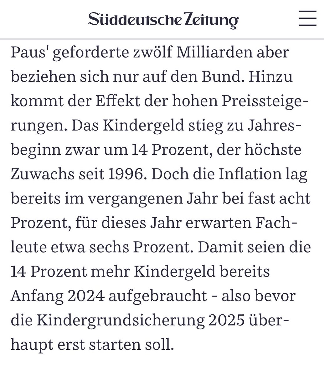 Gute Argumente in der <a href="/SZ/">Süddeutsche Zeitung</a>, warum die Kindergelderhöhung wegen der großen Inflation nicht mit dem Finanzbedarf für die #Kindergrundsicherung verrechnet werden kann 👇

sueddeutsche.de/politik/kinder…