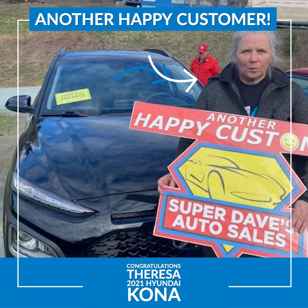 SuperDavesAuto's tweet image. 🎉ANOTHER HAPPY CUSTOMER!🎉

Theresa wanted a small SUV and decided on the 2021 Hyundai Kona. Another satisfied customer and member of the Super Dave’s family. Enjoy and happy motoring, Theresa.

#UsedCarsNS #EasyCarFinancing #Inhousefinancing