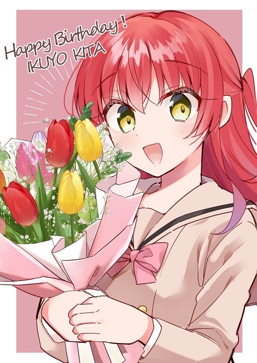 1girl solo bouquet school uniform red hair flower smile  illustration images