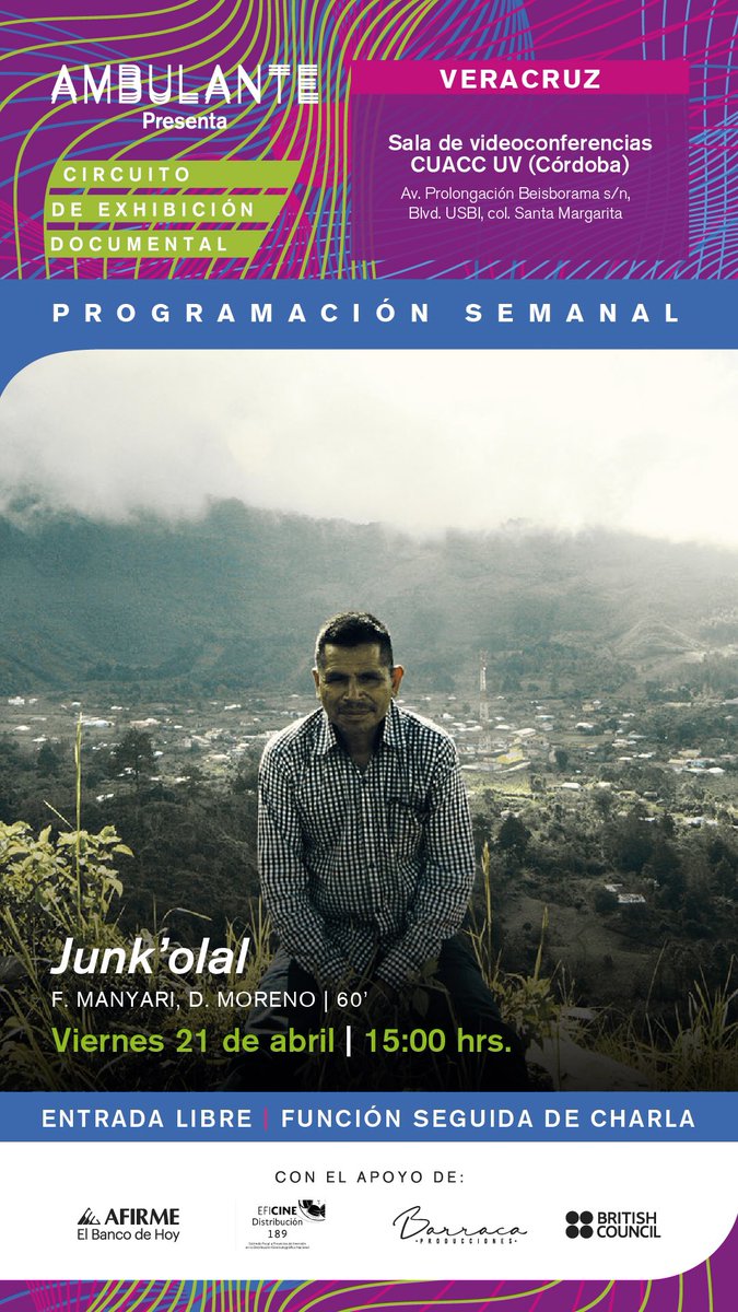 Ambulante's tweet image. ✨ Veracruz

📍 Sala de Videoconferencias CUACC UV, Córdoba
⏰ 15 hrs.
🎥 “Junk’olal” 

📍 @VBengala, sede Centro Orizaba 
⏰ 19: 30 hrs. 
🎥 “Laguna de dos tiempos”

✨ CDMX
📍 @farodeoriente 
⏰ 17 hrs.
🎥 “Junk’olal”
