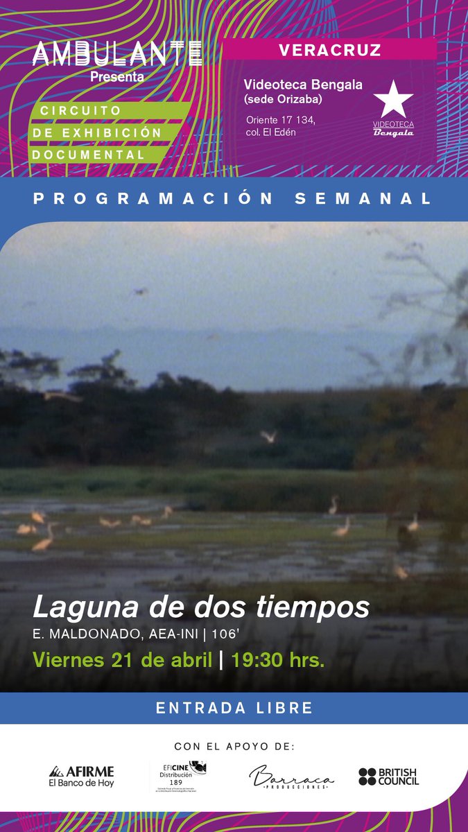 Ambulante's tweet image. ✨ Veracruz

📍 Sala de Videoconferencias CUACC UV, Córdoba
⏰ 15 hrs.
🎥 “Junk’olal” 

📍 @VBengala, sede Centro Orizaba 
⏰ 19: 30 hrs. 
🎥 “Laguna de dos tiempos”

✨ CDMX
📍 @farodeoriente 
⏰ 17 hrs.
🎥 “Junk’olal”