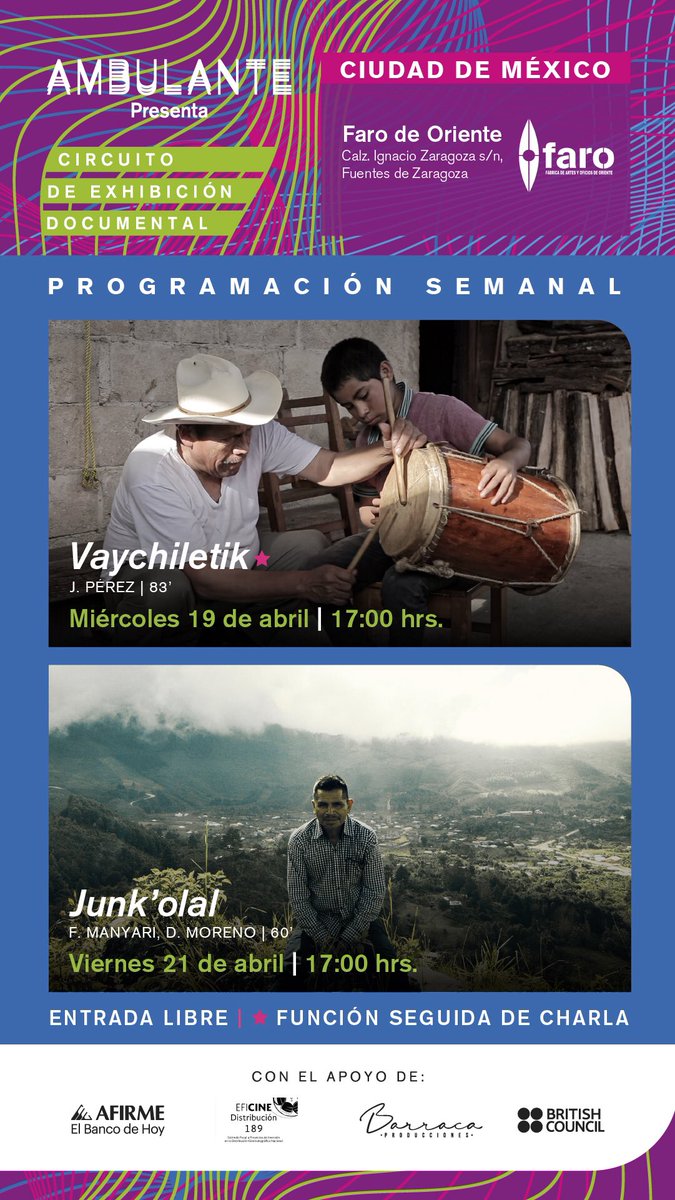 Ambulante's tweet image. ✨ Veracruz

📍 Sala de Videoconferencias CUACC UV, Córdoba
⏰ 15 hrs.
🎥 “Junk’olal” 

📍 @VBengala, sede Centro Orizaba 
⏰ 19: 30 hrs. 
🎥 “Laguna de dos tiempos”

✨ CDMX
📍 @farodeoriente 
⏰ 17 hrs.
🎥 “Junk’olal”