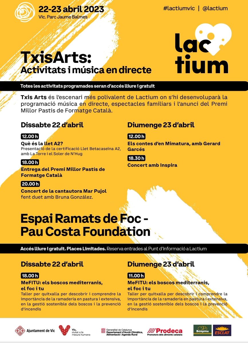 Nois i noies,

Aquest cap de setmana és el <a href="/LactiumVic/">Lactium</a>, i si hi aneu descobrireu com de ràpid i amb quin èxit creix la producció de formatge artesà català
Voleu motius per anar-hi?
-A casa tenim productors realment bons per descobrir
-El formatge fet amb llet de casa fa territori