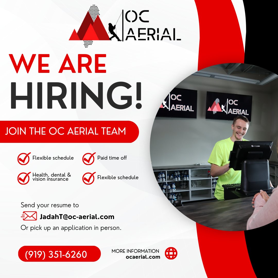 OCAerialnc's tweet photo. Calling all adventure seekers who want to work in a fast-paced, action-packed, fun environment! We are looking to grow our team of dynamic, enthusiastic team members.

Apply online through the link in our IG bio or stop by our facility &amp; pickup an application.

@WorkTriangleNC https://t.co/C3KxHi1VGd