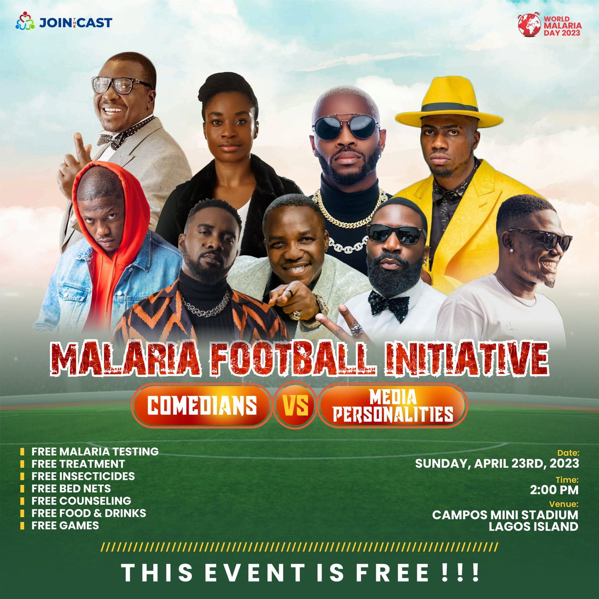JoinTheCast's tweet photo. Who do you think would win? Comedians against other media personalities. Come watch your face play on Sunday at campos mini stadium.

Let’s kick out malaria one goal at a time. https://t.co/YhuY0FOHFh