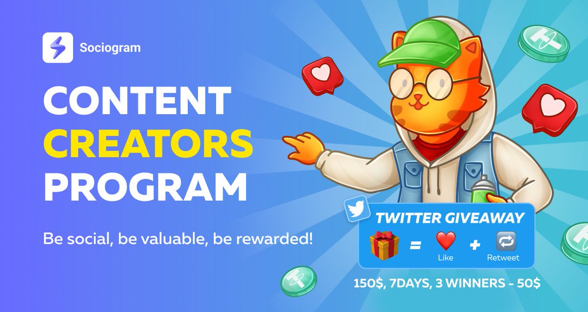 sociogram_web3's tweet photo. Sociogram Content Creators Program 🔥

10 winners 500$/week, 50$ each💰

♥️We want YOU to be a part of it! Join Sociogram to make:

⭐️ Posts
⭐️ Blogs
⭐️ Community 
⭐️ Memes 
⭐️ Images
⭐️ Graffiti
and more...

🎁Twitter Giveaway 7 days - $150

More ➡️ https://t.co/lCT6cBWzAa https://t.co/h1PNCfdRrz