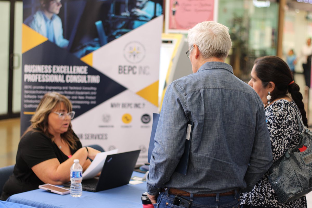 bepc_inc's tweet photo. Yesterday BEPC participated in the Texas Workforce Commission Job Fair at Sunset Mall. Senior Technical Recruiter Lura Dawkins and Sales and Marketing Manager Andrew Killingsworth represented BEPC as the public came to learn about job opportunities in the community. https://t.co/ovDjw2Mqc1
