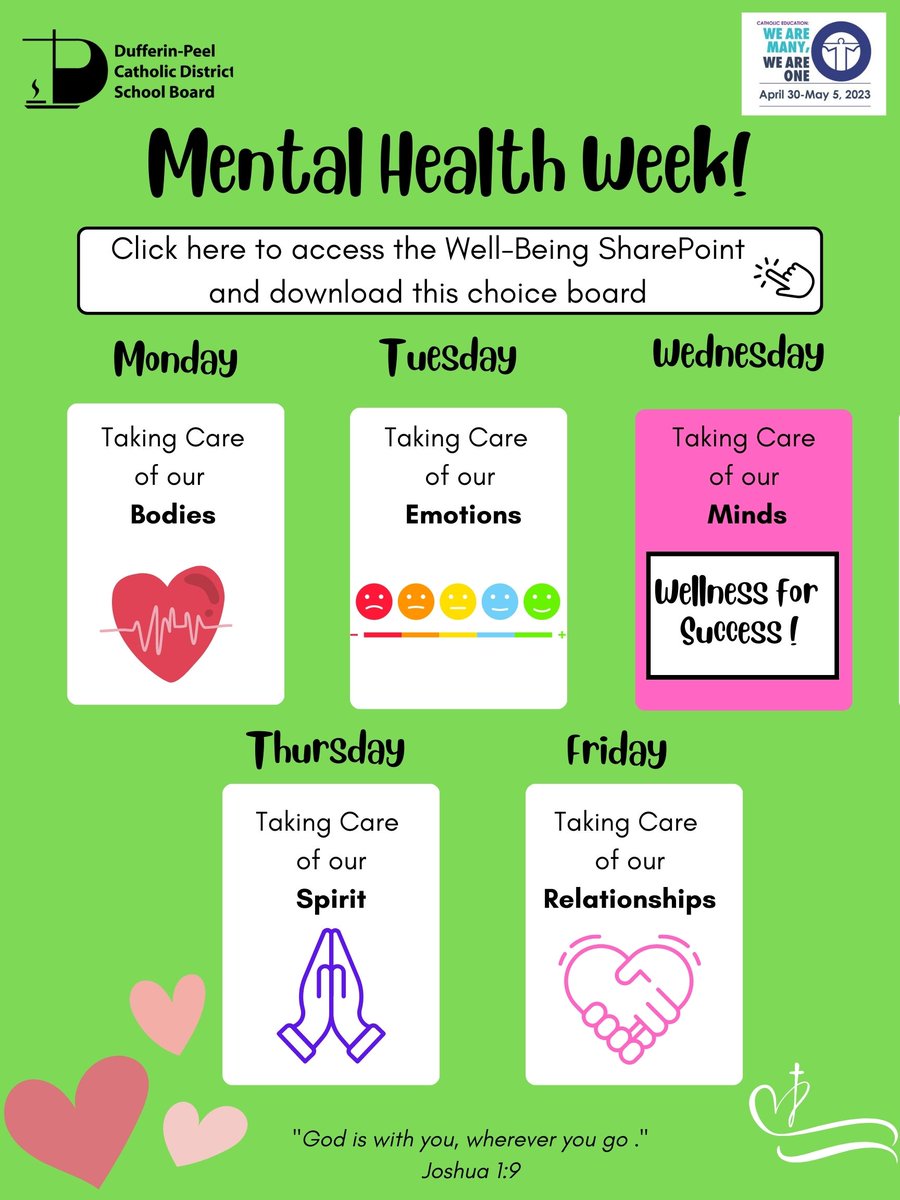 📣📣Attention <a href="/DPCDSBSchools/">Dufferin-Peel Catholic District School Board</a> are you ready to join us for #MentalHealthWeek? Staff can go to the Well-Being SharePoint and find ways to incorporate wellness into every day of the week! Stay tuned for more updates. bit.ly/3OC3Mxl
