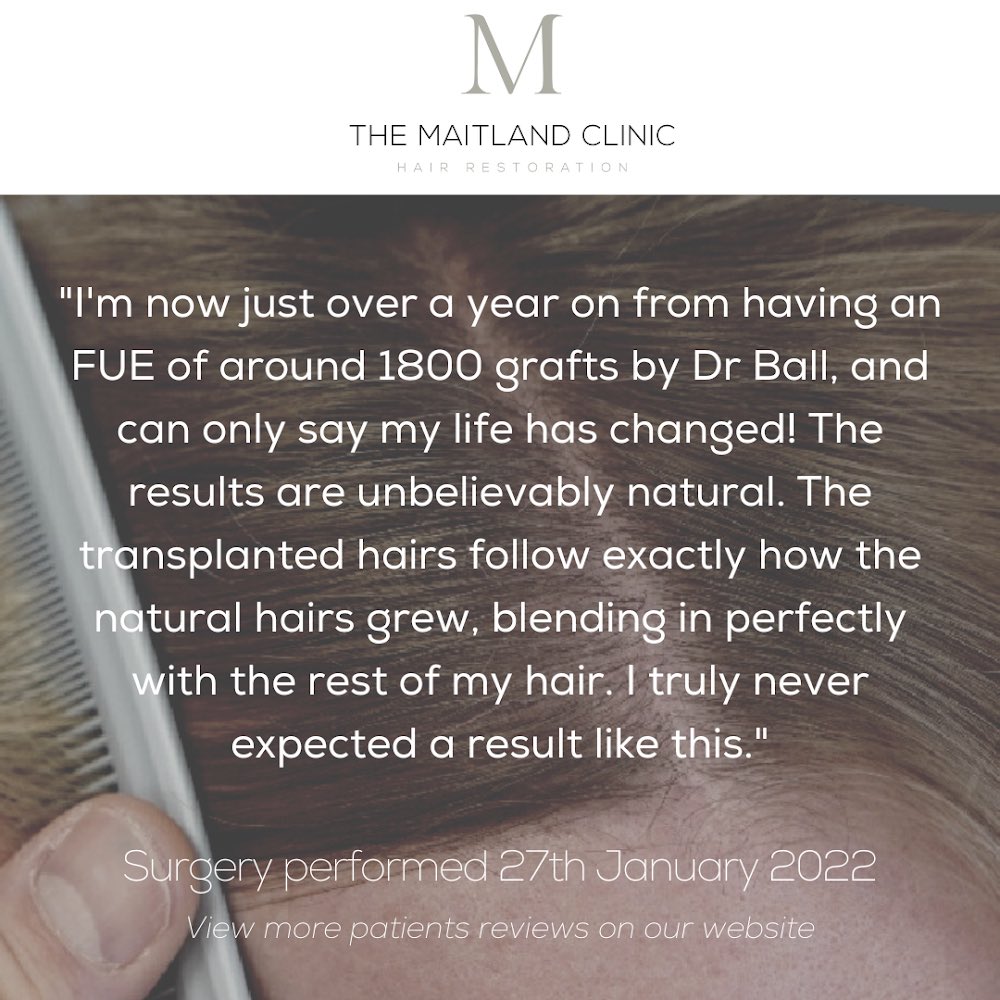 A lovely 5-star review from our patient who had a hair transplant <a href="/MaitlandClinic/">The Maitland Clinic</a> just over a year ago.