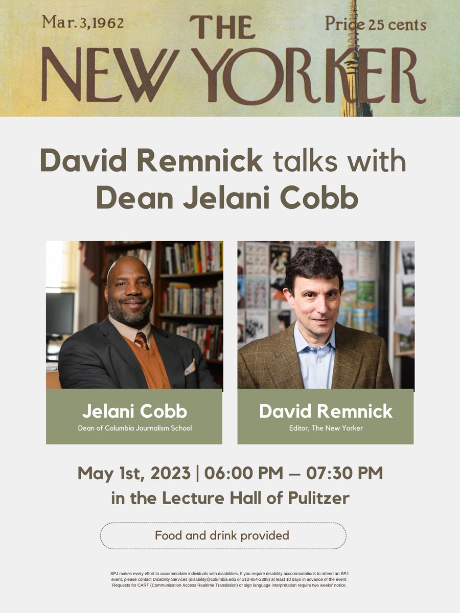 Save the date for May 1st! David Remnick talks with <a href="/jelani9/">jelani cobb</a> at <a href="/columbiajourn/">Columbia Journalism School</a> about <a href="/NewYorker/">The New Yorker</a>. We hope to see you all there.