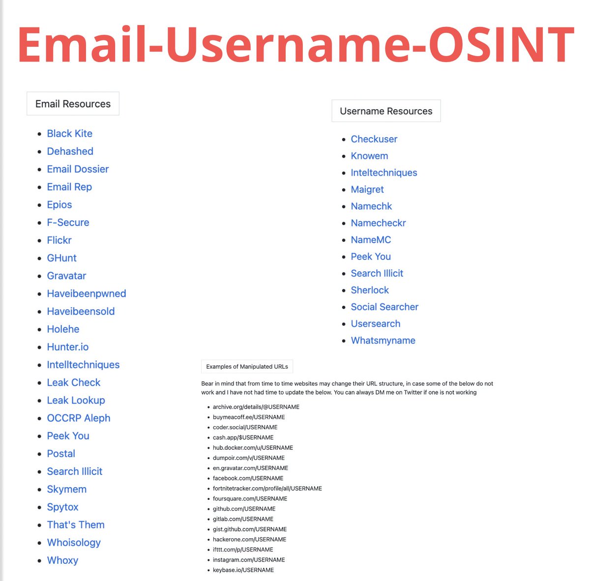 Email-Username OSINT

(list of tools)

Email Resources
Username Resources
Examples of Manipulated URLs (for username enumeration)

github.com/cqcore/Email-U…

Contributor <a href="/cqcore/">Ginger T</a> 

#osint #socmint