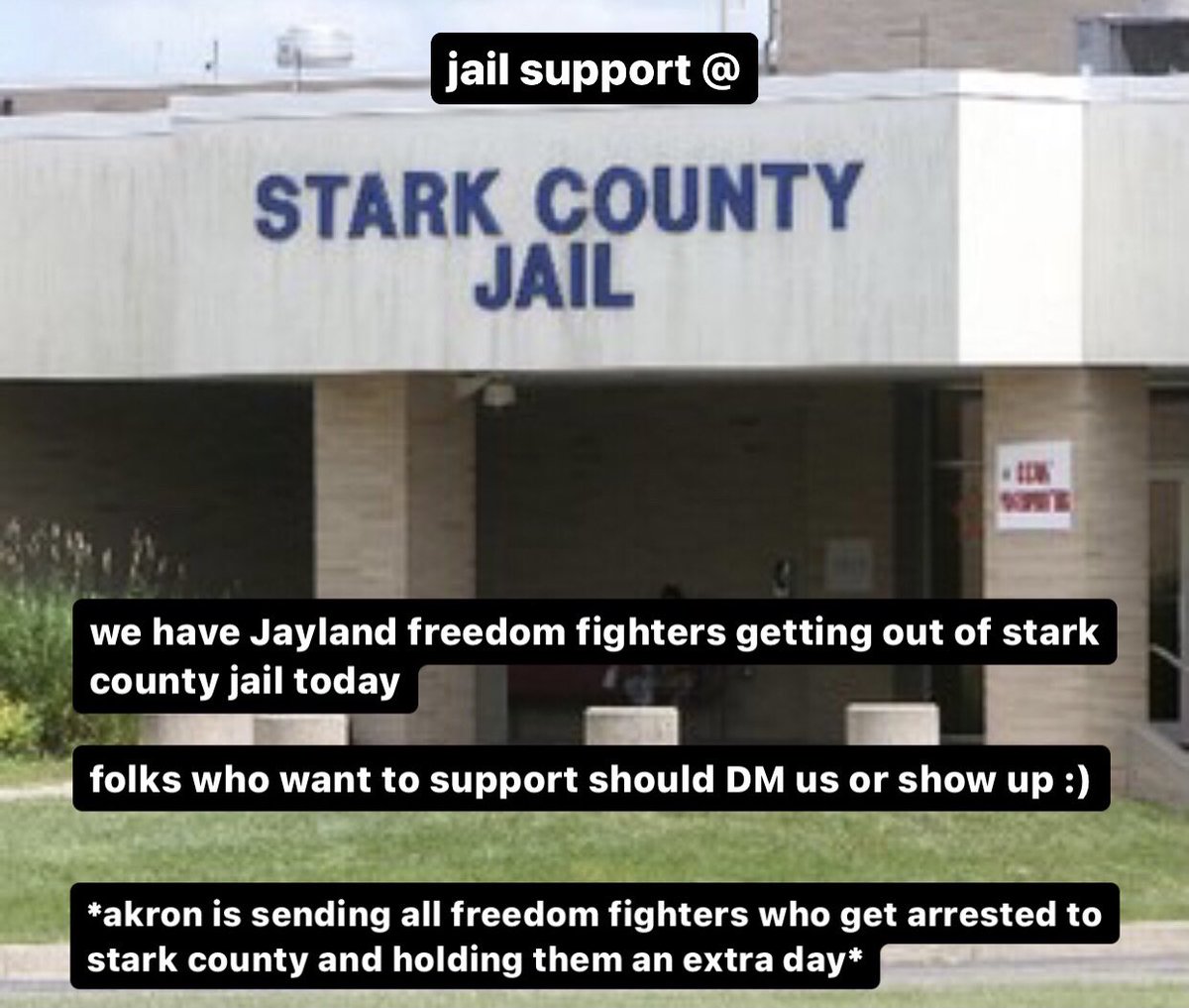 jail support @ stark county jail 

comrades, we have Jayland freedom fighters being released from stark county jail today

your presence and support there would be very appreciated! 

#jaylandwalker #heyakron #canton #police #justiceforkayland