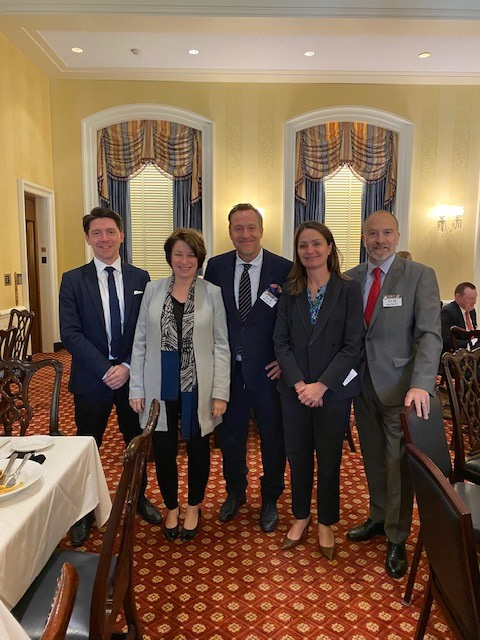 DenmarkinUSA's tweet photo. Last night we invited our American colleagues to the Danish Residence for an interesting talk about the creation of the Danish hit TV-show "Borgen" with creator and writer @AdamPriceDK. Earlier today @DKambUSA and Adam met with @SenAmyKlobuchar who is a huge fan of "Borgen" https://t.co/lvBGPvJsWr