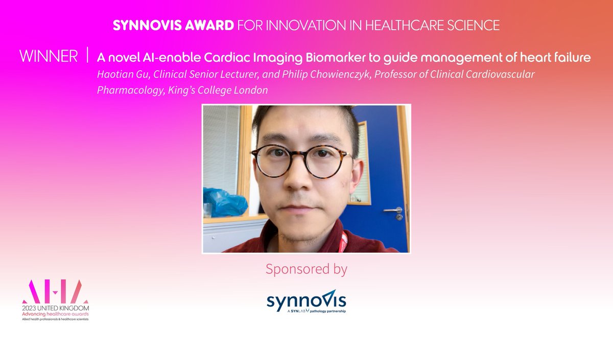 AHAwards's tweet photo. The winner of the @Synnovis Award for innovation in healthcare science goes to Haotian Gu &amp; Philip Chowienczyk @KingsCollegeLon - wonderful work!
#AHAwards https://t.co/3z4EljpIzm