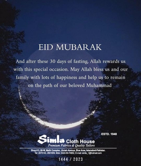 SimlaClothHouse's tweet photo. May Allah accept all our fasting, dua's, ibaadah, sadaqah and all our efforts of worship of this blessed month of Ramadan.
May Allah grant our deceased highest place in Jannah. Amen
#eid #eidmubarak #eidulfitr #eid2023 #chandraat #simlaclothhouse #theoriginalshop #flagshipstore https://t.co/8oxRSWbt5x