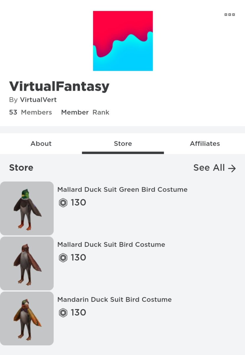 UGC creators who make suits are going to be the death of my Robux 😄😆
<a href="/Virtual_Vert/">VirtualVert</a> has some amazing suits if you haven't seen them already! Their two Roblox groups pictured here! Dozens and dozens of suits!