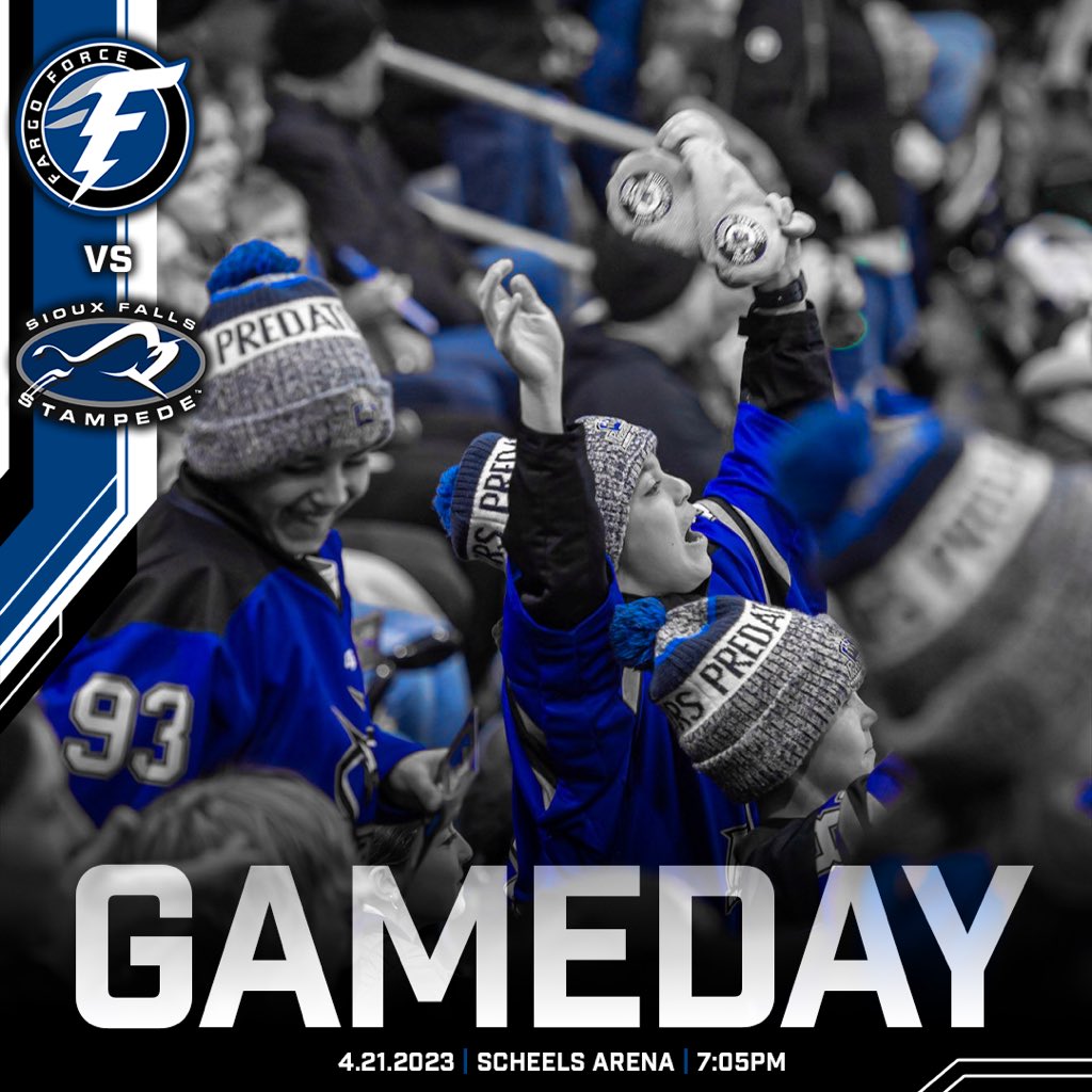 FargoForce's tweet photo. Last regular season GAMEDAY at Scheels Arena! 

🆚 Sioux Falls Stampede
📍 Scheels Arena
⏰ 7:05 PM CT 
👨‍👩‍👧‍👦 Fan Appreciation Night
📺 FloHockey 
📻 101.9 JACK FM

#ForceNation⚡️ | #FGOSF https://t.co/9mnJWvT0lU