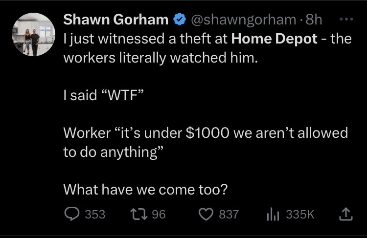 JPHilllllll's tweet photo. This thinking is so weird to me. Why do you want workers to risk violence for Home Depot's profit margin? https://t.co/P02RTtKfTB