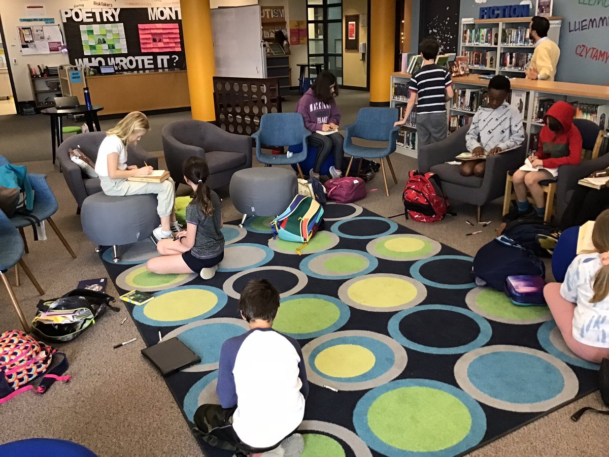 jamie_winchell's tweet photo. For #NationalPoetryMonth #julianworks 6th graders are making #blackoutpoetry, editing in @WeVideoEdu, and uploading to @FlipgridEvents. @MrsOrman’s “who wrote it?” interactive bulletin boards in the background. Engaged self-directed learners! @oakpark97 #libraries97 https://t.co/xcQ2KaBR30