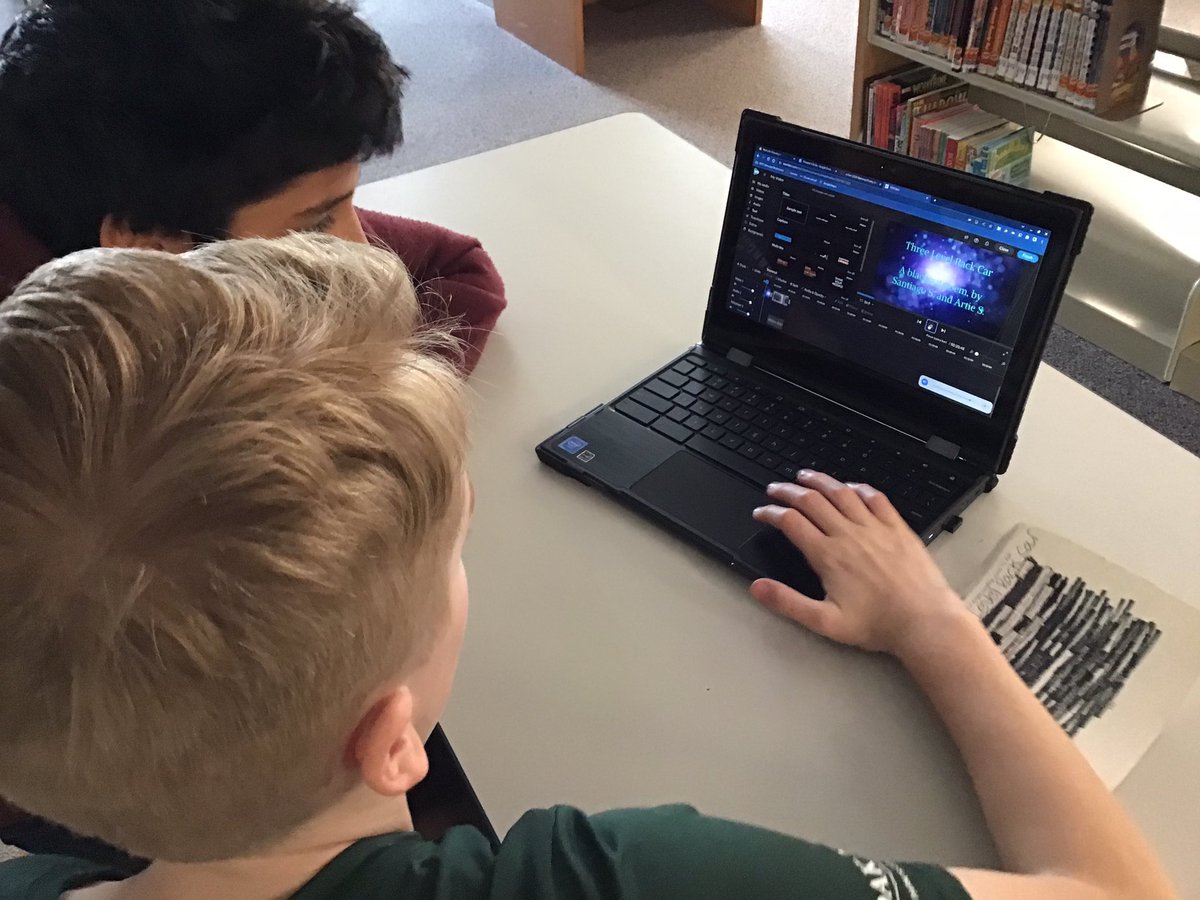 jamie_winchell's tweet photo. For #NationalPoetryMonth #julianworks 6th graders are making #blackoutpoetry, editing in @WeVideoEdu, and uploading to @FlipgridEvents. @MrsOrman’s “who wrote it?” interactive bulletin boards in the background. Engaged self-directed learners! @oakpark97 #libraries97 https://t.co/xcQ2KaBR30