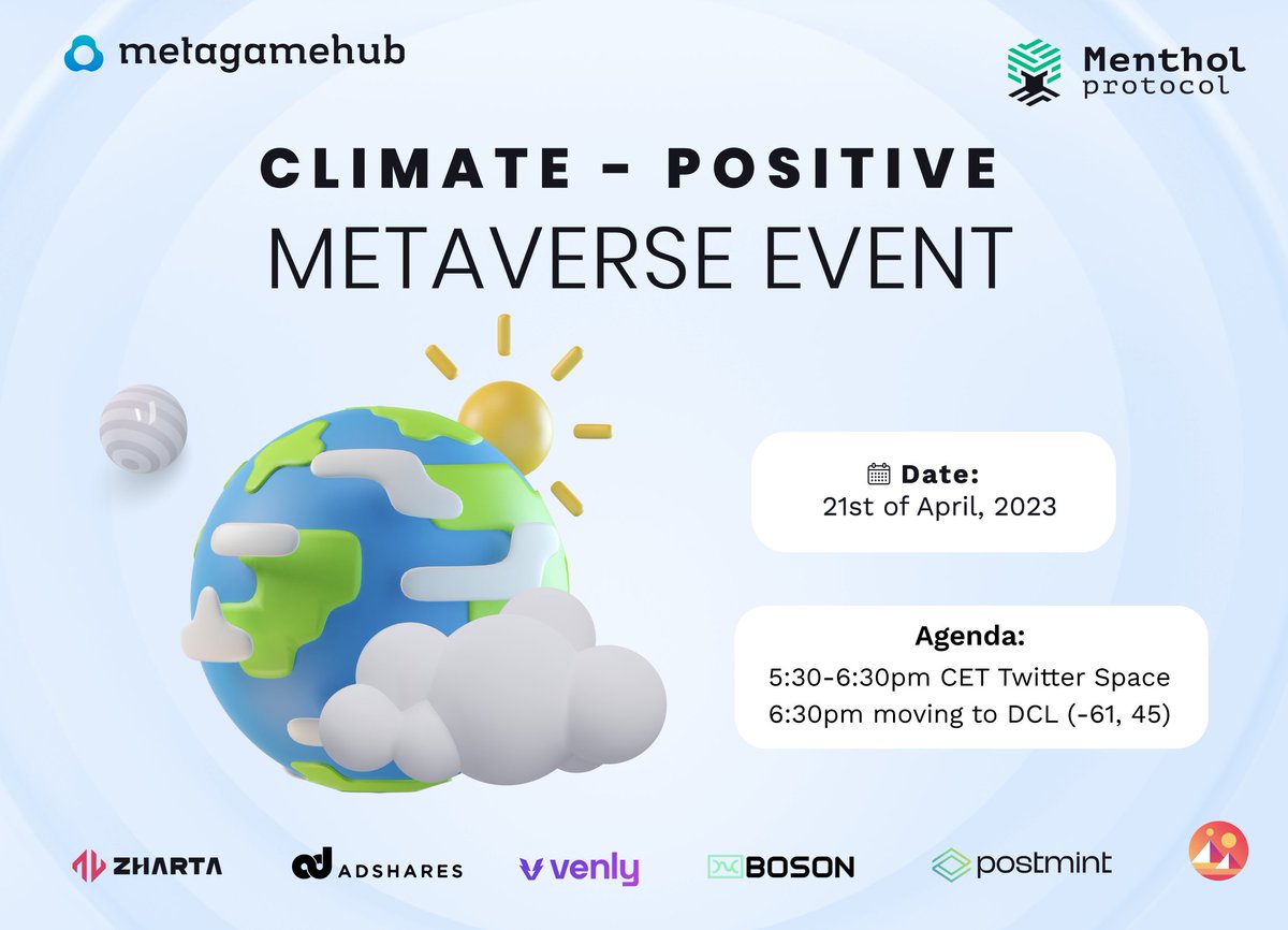 🚨 Less than one hour until the Climate-Positive Event starts! 🚨 
Join us and our partners @MentholProtocol , @decentraland, @adshares_news, @BosonProtocol, @ZhartaFinance, @postmint_xyz and @Venly_io  to make a #positive impact on our #planet! 🌍🌱