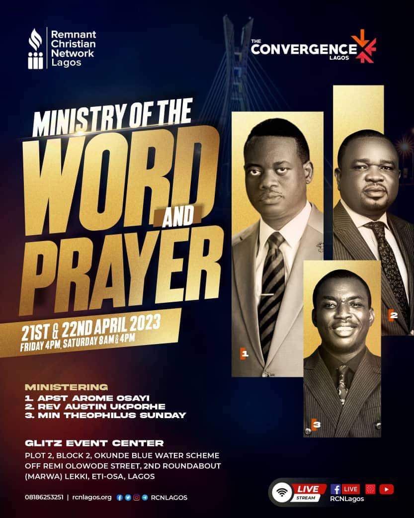 The duo of the ministry of the word and prayer remain the fulcrum of the Christian life and ministry. Effective witness in every generation is powered by the constant engagement of these by believers.

Join us in Lagos this weekend as the Lord helps us to unpack it all! <a href="/RCNLagos/">RCN Lagos</a>