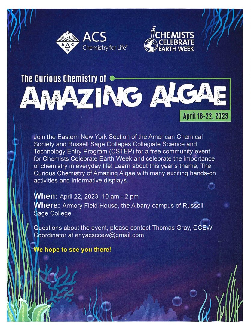 Mary_K_Carroll's tweet photo. The Eastern New York section of the @AmerChemSociety is hosting a #familyfriendly #ChemistsCelebrateEarthWeek event Sat 4/22 at @sage_edu. Demos, hands-on activities &amp; an illustrated poem contest on #AmazingAlgae! #CCEW   #GreenChemistry #EarthDay2023 https://t.co/xGVjhHDI5w