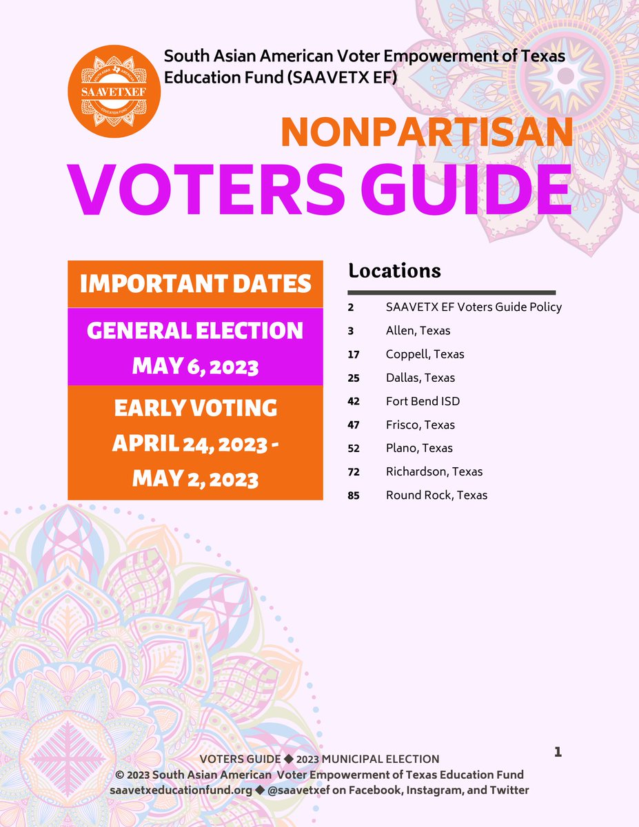 SaavetxEF's tweet photo. The SAAVETX EF #VotersGuide is here! Includes answers from candidates in 8 locations: #Allen, #Coppell, #Dallas, #FortBend, #Frisco, #Plano, #Richardson, and #RoundRock. Please download and share!

https://t.co/iQBssl3NEg 

#DesisToThePolls #Vote #GOTV #MunicipalElections https://t.co/jyvi6FJP5m