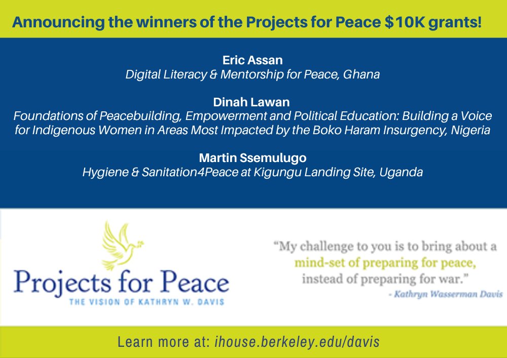 Congrats to @ihouseberkeley residents Eric Assan, Dinah Lawan, Martin Ssemulugo for winning the Davis Projects for Peace awards! They will be working in Ghana, Nigeria, and Uganda this summer thanks to $10K grants from #ProjectsForPeace. Learn more at: ihouse.berkeley.edu/davis