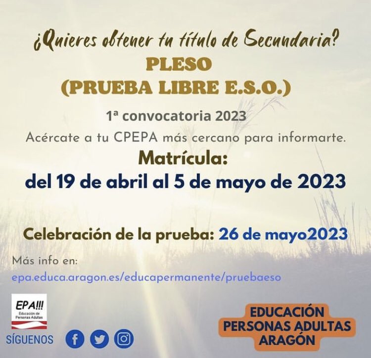 adultoshuesca's tweet photo. Prueba Libre de la ESO.
🔊🔊🔊🔊🔊🔊🔊
1ª Convocatoria de 2023:
➡️ Periodo de matrícula: Del 19 de abril al 5 de mayo de 2023
➡️ Fecha de la prueba: 26 de mayo de 2023.
#epaaragon #pleso #educaciónpermanente #educacióndeadultos https://t.co/luIb7qLJDR